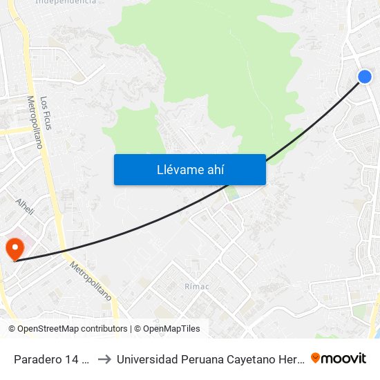Paradero 14 Las Flores to Universidad Peruana Cayetano Heredia - Campo Central map