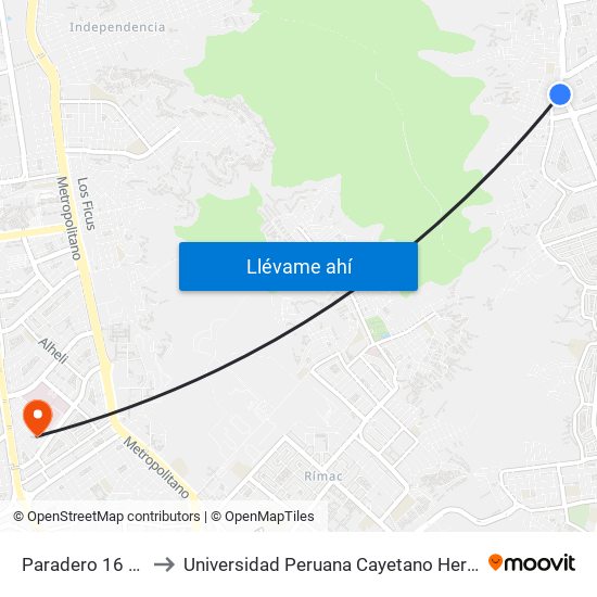 Paradero 16 Las Flores to Universidad Peruana Cayetano Heredia - Campo Central map