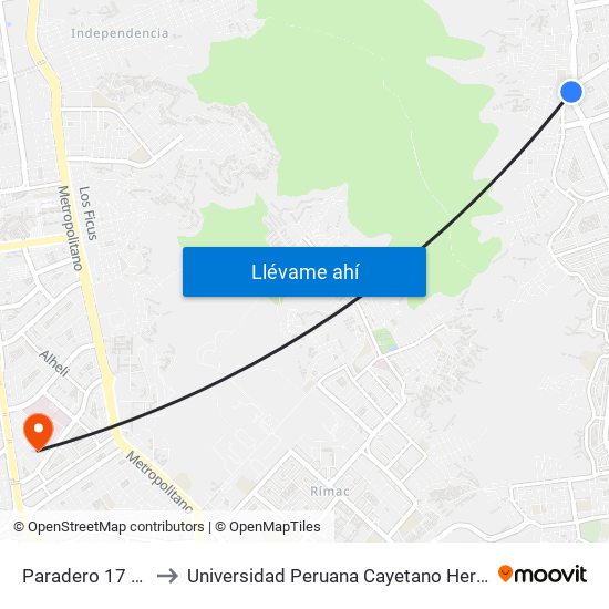 Paradero 17 Las Flores to Universidad Peruana Cayetano Heredia - Campo Central map
