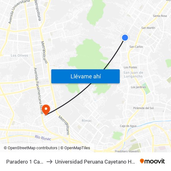Paradero 1 Canto Grande to Universidad Peruana Cayetano Heredia - Campo Central map