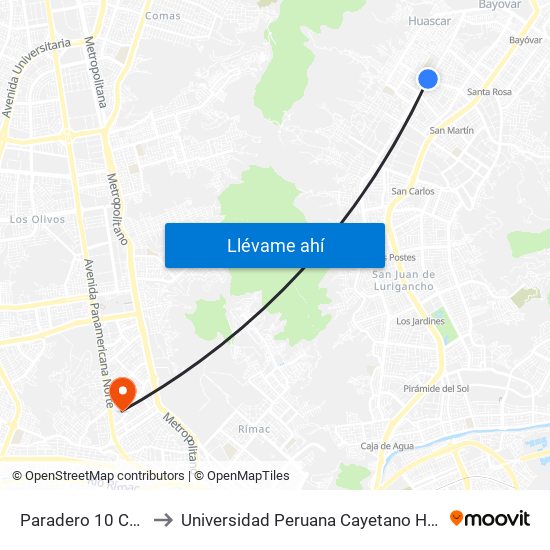 Paradero 10 Canto Grande to Universidad Peruana Cayetano Heredia - Campo Central map