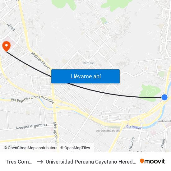 Tres Compuertas to Universidad Peruana Cayetano Heredia - Campo Central map