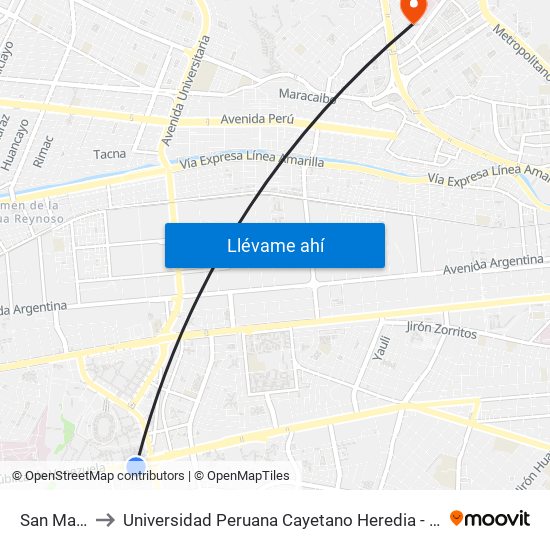 San Marcos to Universidad Peruana Cayetano Heredia - Campo Central map