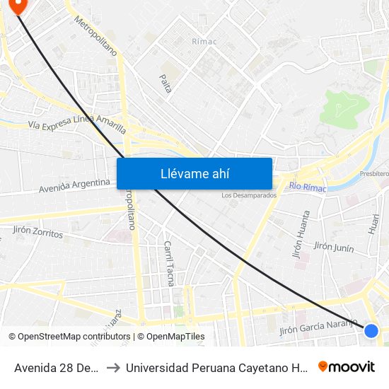 Avenida 28 De Julio, 2715 to Universidad Peruana Cayetano Heredia - Campo Central map
