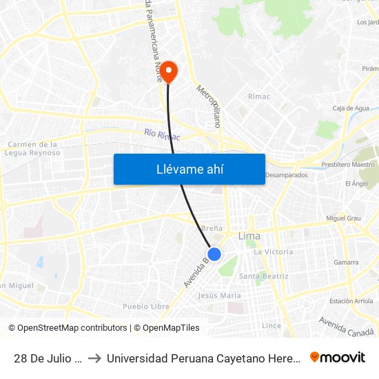 28 De Julio X Brasil to Universidad Peruana Cayetano Heredia - Campo Central map