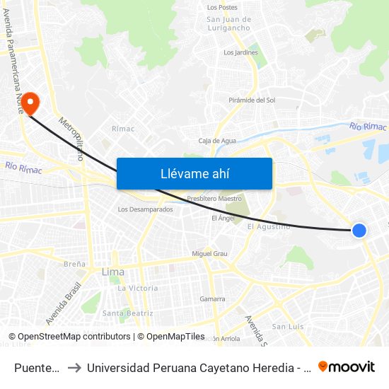Puente Azul to Universidad Peruana Cayetano Heredia - Campo Central map