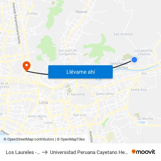 Los Laureles - Huachipa to Universidad Peruana Cayetano Heredia - Campo Central map