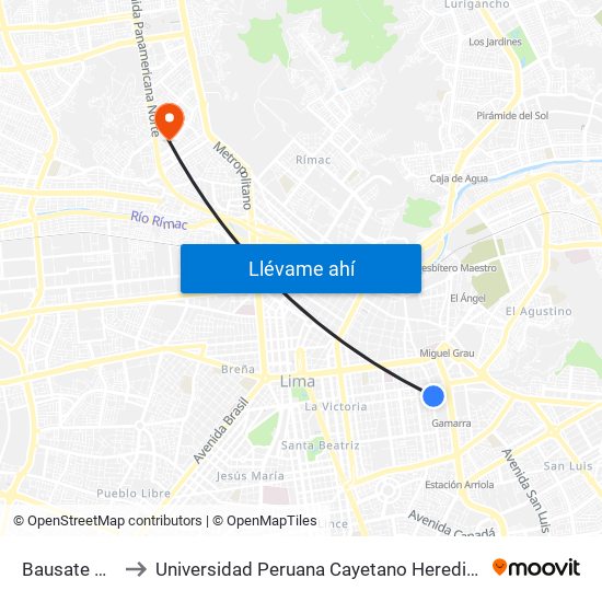 Bausate Y Meza to Universidad Peruana Cayetano Heredia - Campo Central map