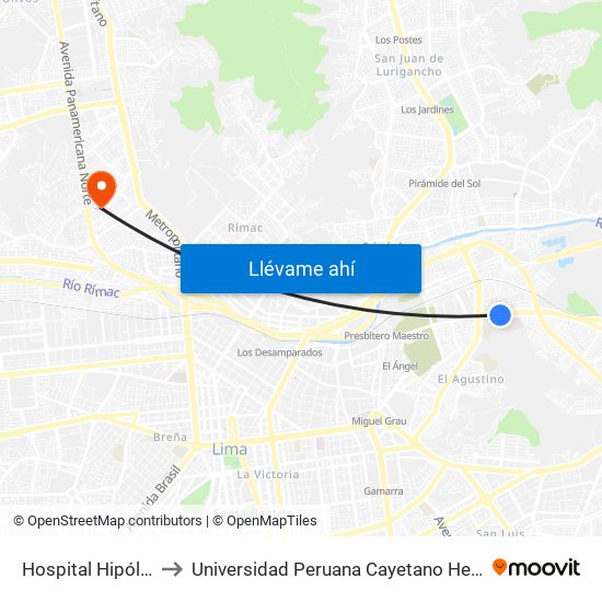 Hospital Hipólito Unanue to Universidad Peruana Cayetano Heredia - Campo Central map