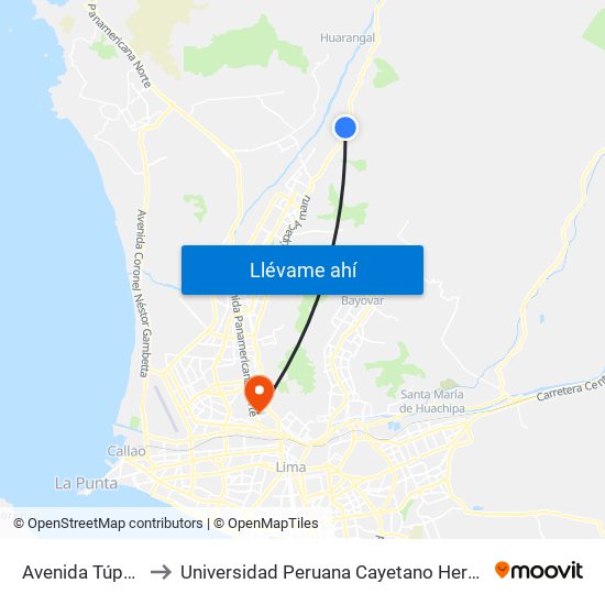 Avenida Túpac Amaru to Universidad Peruana Cayetano Heredia - Campo Central map