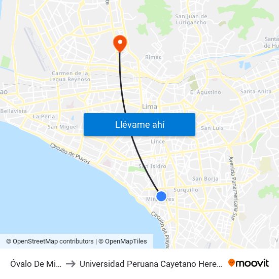 Óvalo De Miraflores to Universidad Peruana Cayetano Heredia - Campo Central map
