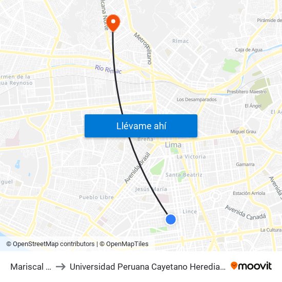 Mariscal Miller to Universidad Peruana Cayetano Heredia - Campo Central map