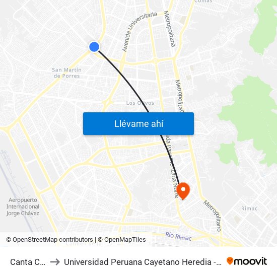 Canta Callao to Universidad Peruana Cayetano Heredia - Campo Central map