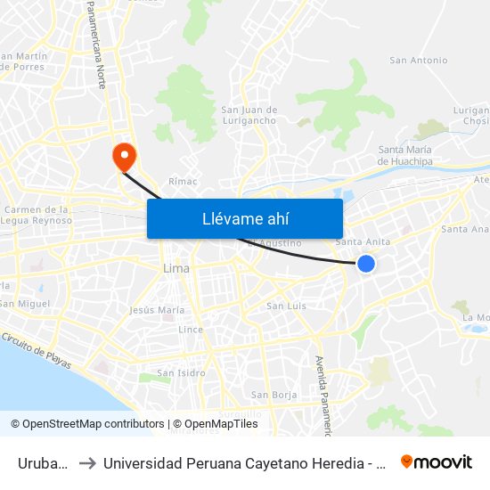 Urubamba to Universidad Peruana Cayetano Heredia - Campo Central map