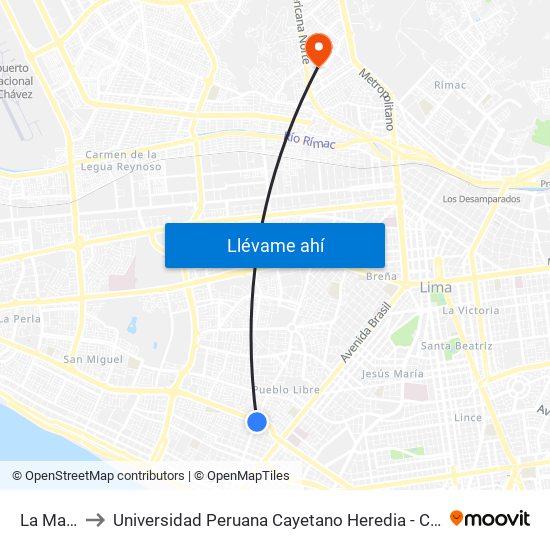 La Marina to Universidad Peruana Cayetano Heredia - Campo Central map