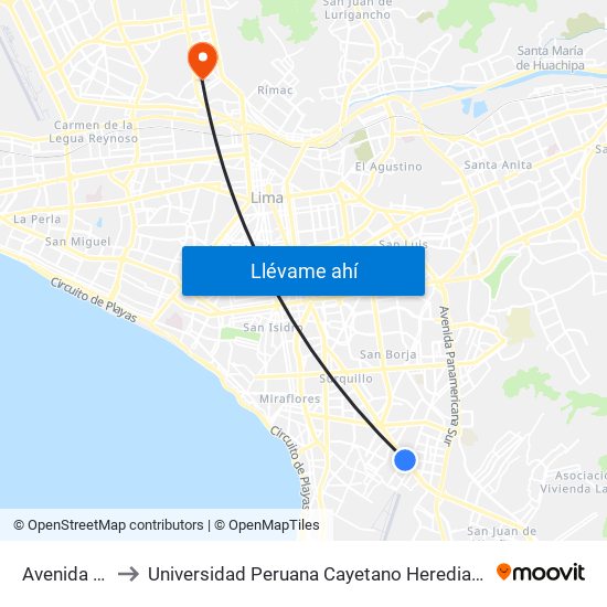 Avenida Surco to Universidad Peruana Cayetano Heredia - Campo Central map