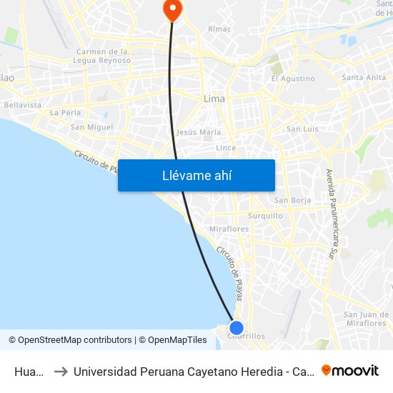 Huaylas to Universidad Peruana Cayetano Heredia - Campo Central map