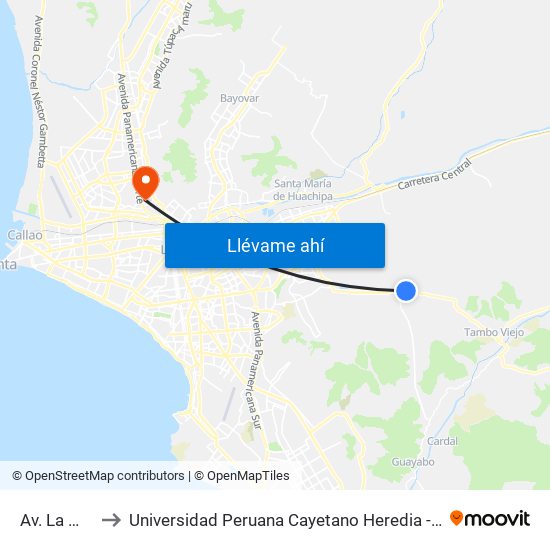 Av. La Molina to Universidad Peruana Cayetano Heredia - Campo Central map