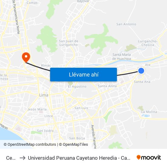 Ceres to Universidad Peruana Cayetano Heredia - Campo Central map