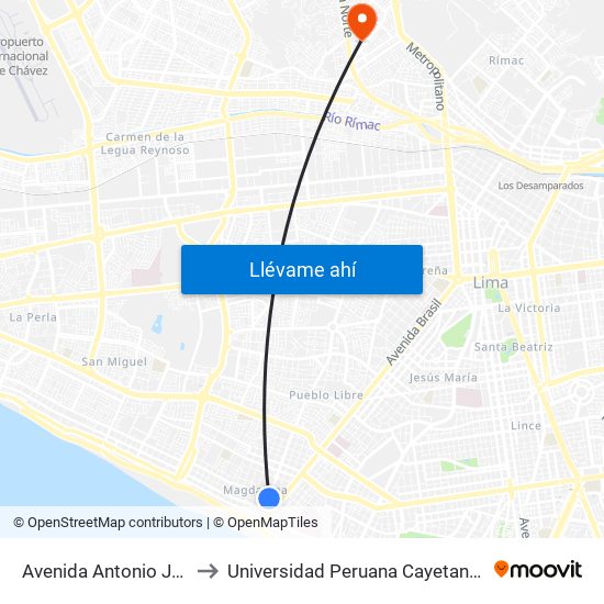 Avenida Antonio José De Sucre, 574 to Universidad Peruana Cayetano Heredia - Campo Central map