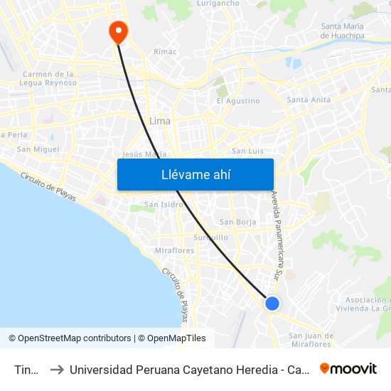 Tinoco to Universidad Peruana Cayetano Heredia - Campo Central map