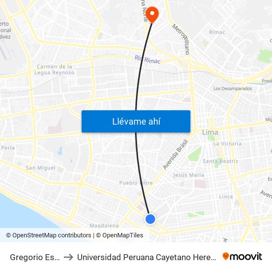 Gregorio Escobedo to Universidad Peruana Cayetano Heredia - Campo Central map