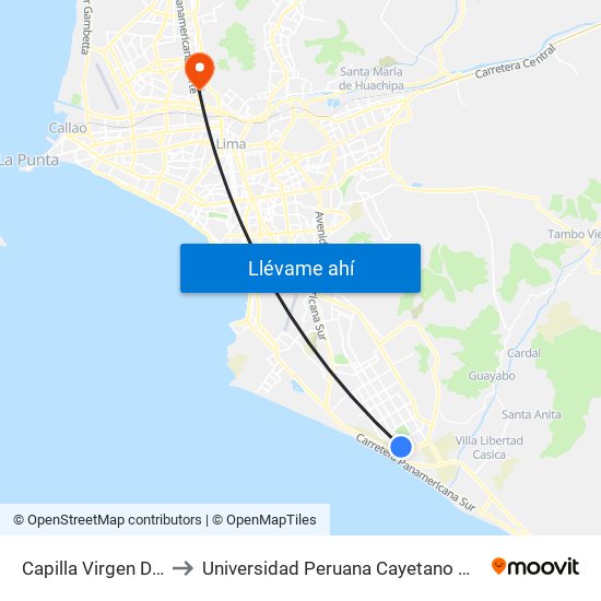 Capilla Virgen De La Merced to Universidad Peruana Cayetano Heredia - Campo Central map