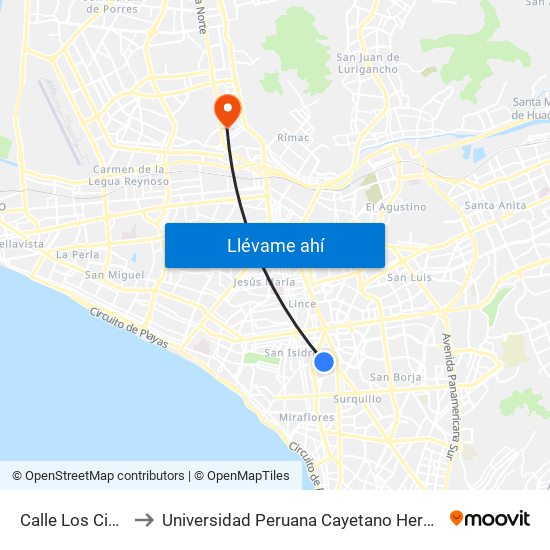 Calle Los Cisnes, 584 to Universidad Peruana Cayetano Heredia - Campo Central map