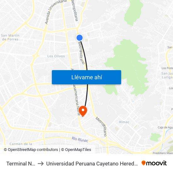 Terminal Naranjal to Universidad Peruana Cayetano Heredia - Campo Central map