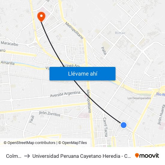 Colmena to Universidad Peruana Cayetano Heredia - Campo Central map