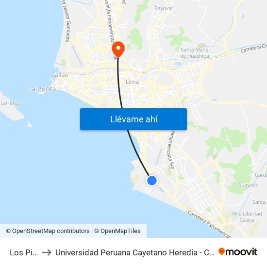 Los Pinos to Universidad Peruana Cayetano Heredia - Campo Central map