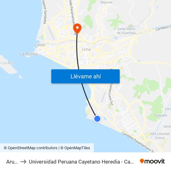 Aruba to Universidad Peruana Cayetano Heredia - Campo Central map