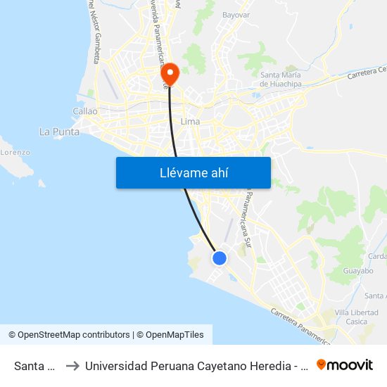 Santa Anita to Universidad Peruana Cayetano Heredia - Campo Central map