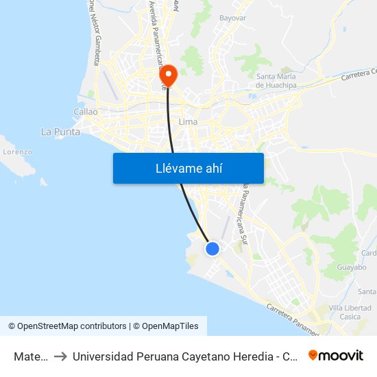 Matellini to Universidad Peruana Cayetano Heredia - Campo Central map