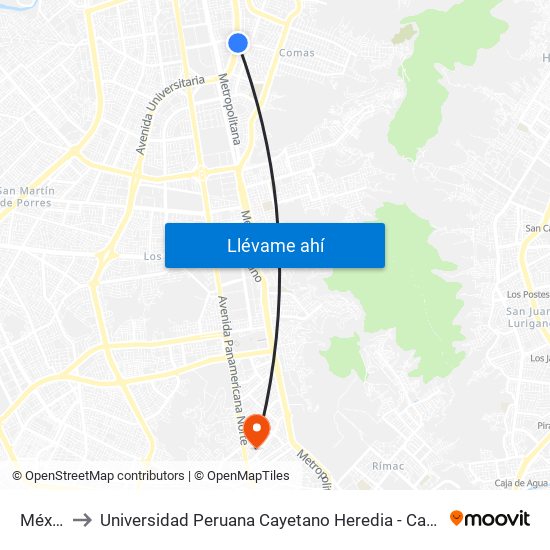 México to Universidad Peruana Cayetano Heredia - Campo Central map