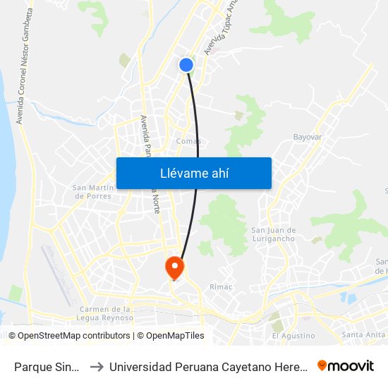 Parque Sinchi Roca to Universidad Peruana Cayetano Heredia - Campo Central map