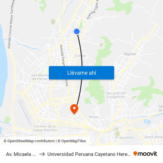 Av. Micaela Bastidas to Universidad Peruana Cayetano Heredia - Campo Central map