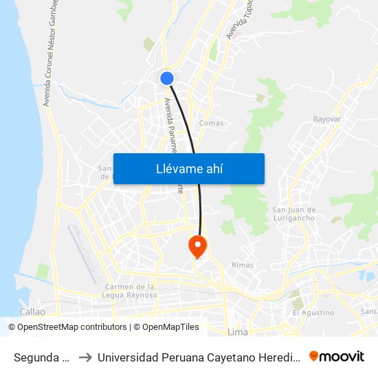 Segunda De Pro to Universidad Peruana Cayetano Heredia - Campo Central map