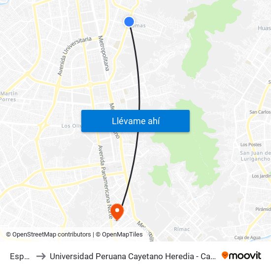 España to Universidad Peruana Cayetano Heredia - Campo Central map