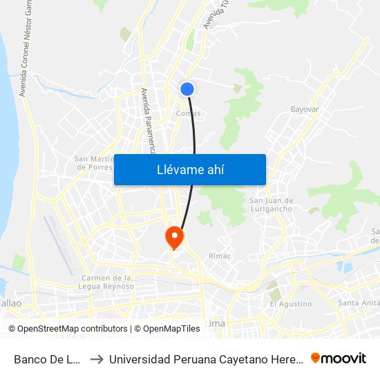 Banco De La Nacion to Universidad Peruana Cayetano Heredia - Campo Central map