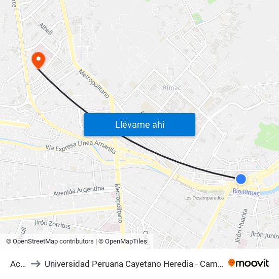 Acho to Universidad Peruana Cayetano Heredia - Campo Central map