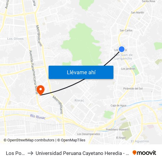 Los Postes to Universidad Peruana Cayetano Heredia - Campo Central map