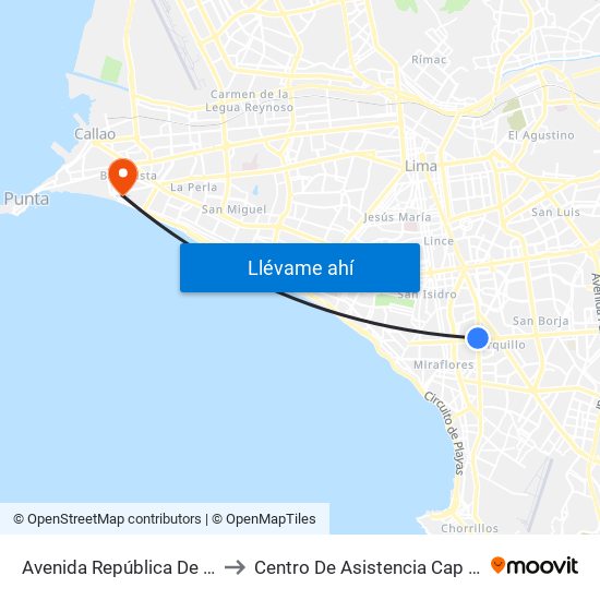 Avenida República De Panamá, 4746 to Centro De Asistencia Cap III Metropolitano map