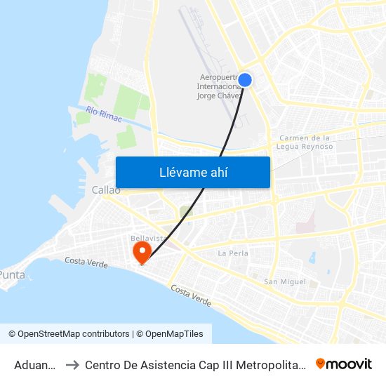 Aduanas to Centro De Asistencia Cap III Metropolitano map