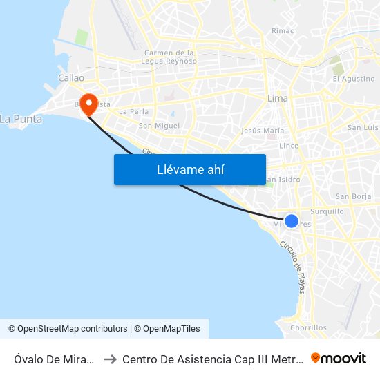 Óvalo De Miraflores to Centro De Asistencia Cap III Metropolitano map