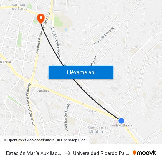 Estación María Auxiliadora to Universidad Ricardo Palma map