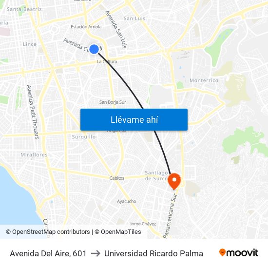 Avenida Del Aire, 601 to Universidad Ricardo Palma map