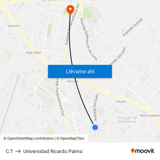 C.T to Universidad Ricardo Palma map