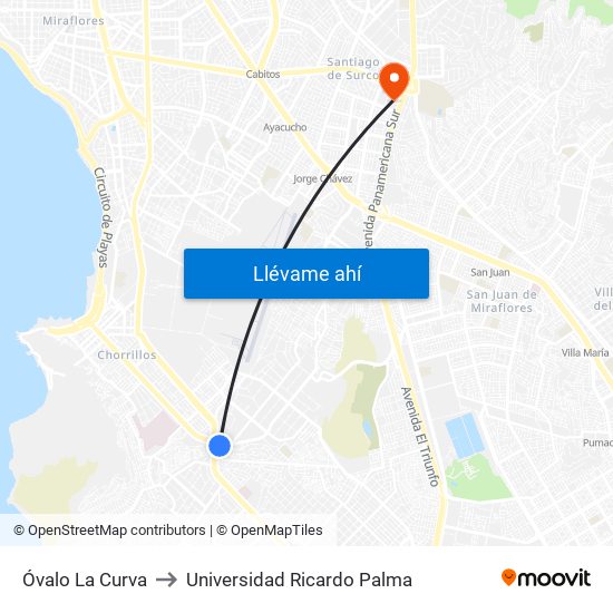 Óvalo La Curva to Universidad Ricardo Palma map