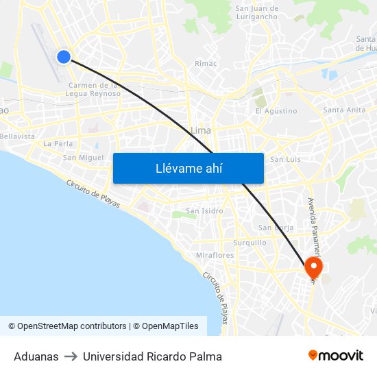 Aduanas to Universidad Ricardo Palma map